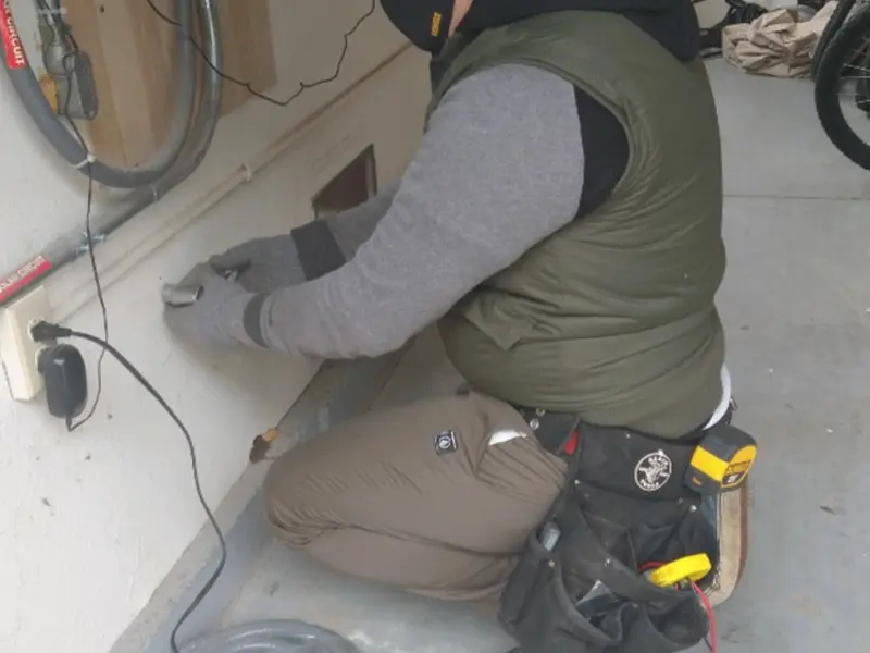 Electrician performing outlet wiring in a Enterprise garage